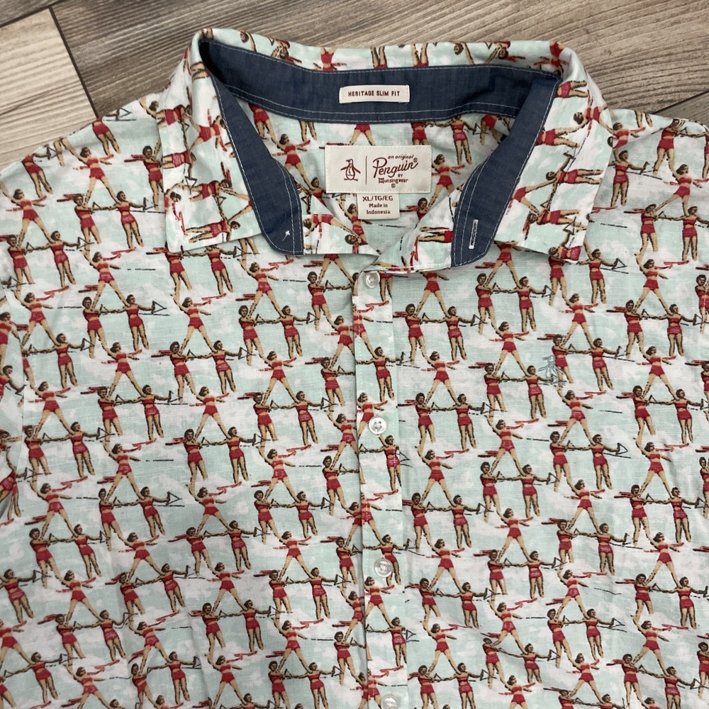 Penguin Men XL Shirt 50s Retro Ski Print Slim Fit Cotton Resort Vacation